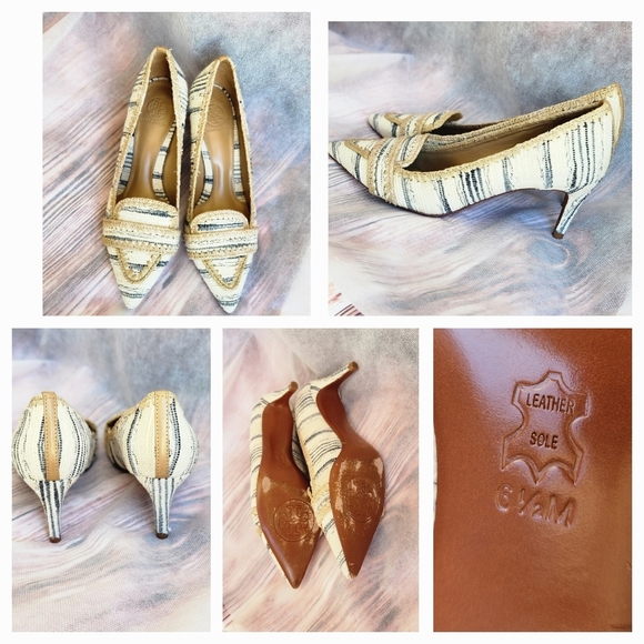 Tory Burch Cream and Black Striped Heels - Picture 1 of 2